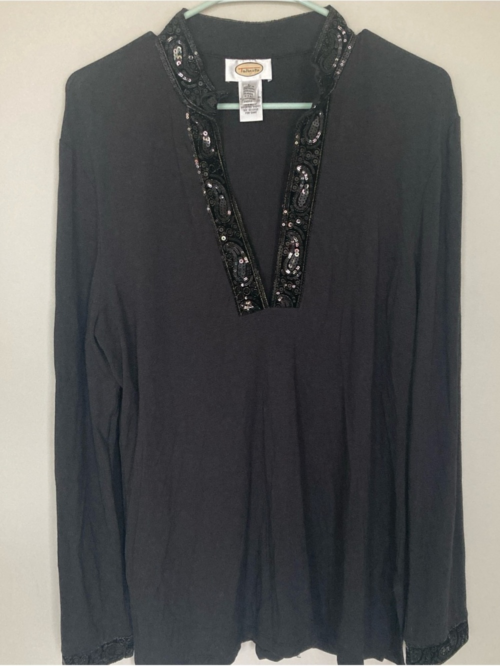 TALBOTS Women’s Blouse Tunic Top Size L Black Long Sleeve Stretch Sequin Trim